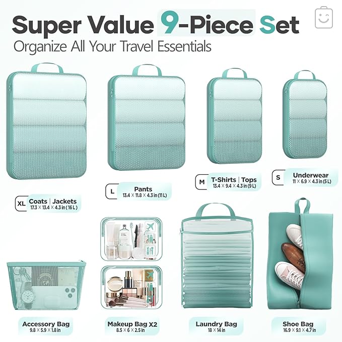 Veken 9/11 Set Compression Packing Cubes for Travel Essentials,Compressible Expandable Large Luggage Suitcase Organizer Bags for Clothing,Durable Space Saver Storage Bags(Blue Green)