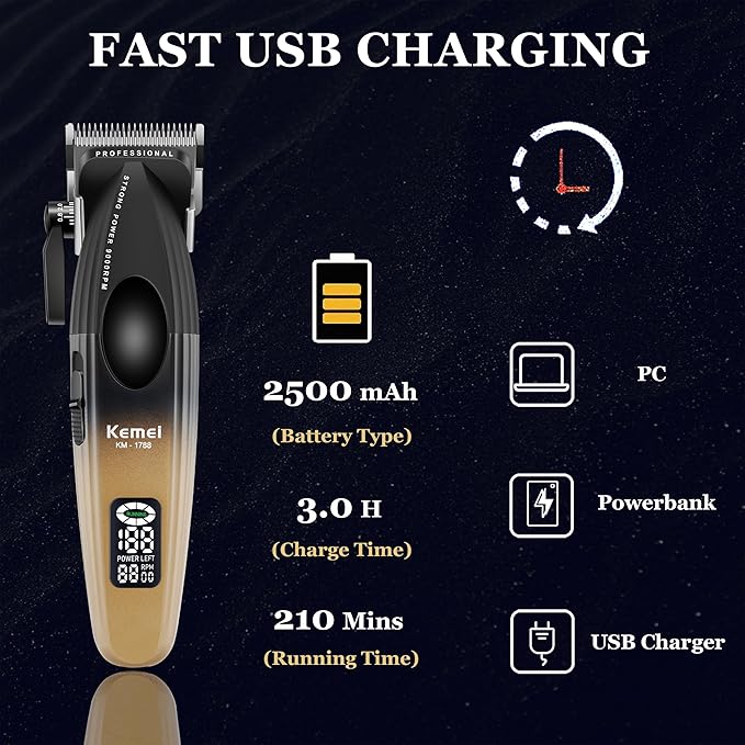 KEMEI 1788 Professional Hair Clippers for Men, Cordless Barber Clipper with LED Display, 9000 RPM Clippers for Hair Cutting with 2500 mAh Battery