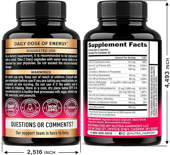 Vitamin B Complex for Men & Women - Riboflavin B2, B12, B1, B3, B5, B6, B7, B8, B9 | Vitamin C, Choline, Inositol - B-Complex Supplement - Energy, Brain & Heart Support - Made in USA, 60 Vegan Caps