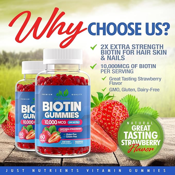 Biotin 10,000mcg Gummies for Women & Men - 2X High Potency Biotin for Hair Growth, Skin & Nails - Gluten-Free, Vegan, Non-GMO, Great Tasting Strawberry Flavor - 60 Gummies
