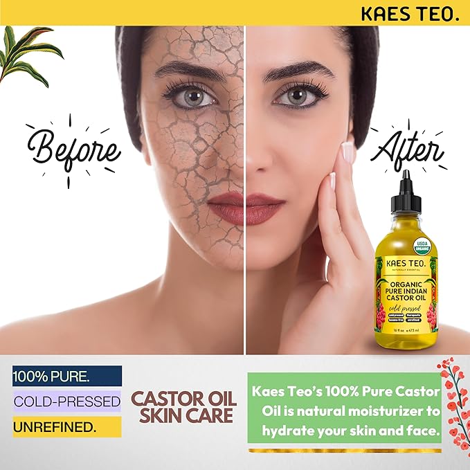 Cold Pressed Organic Castor Oil Hexane Free - 16 Fl Oz - 100% Pure, Natural - Premium Grade Carrier Oil for Hair Growth, Eyelashes and Eyebrows, Skin, Nails, Face & More, Castor Oil Packs