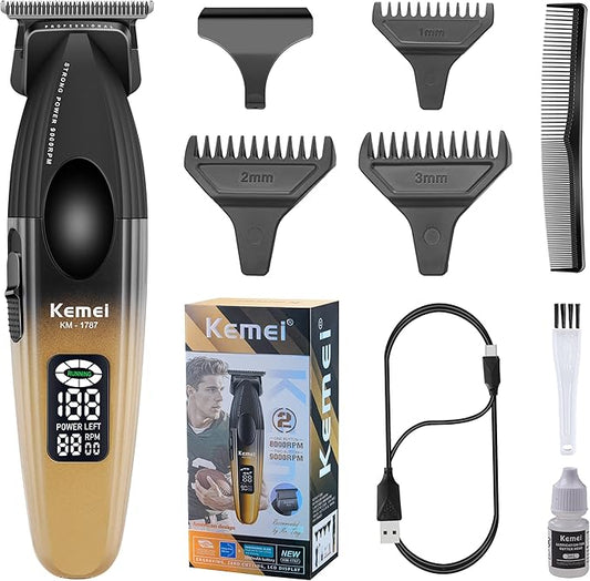 KEMEI 1787 Beard Trimmer for Men, Cordless Hair Trimmer with LED Display, 9000 RPM Hair Clippers for Barber with 2000 mAh Battery, DLC Coated T-Blade