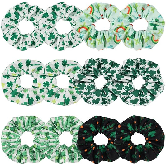 Green Shamrock and Rainbow Elastic Hair Scrunchies - 12PCS Gifts for Women & Teen Girls, St. Patrick's Day Decor Hair Accessories