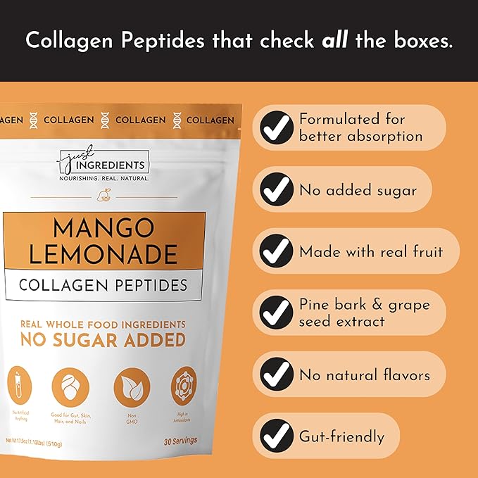JUST INGREDIENTS Collagen Peptides – Mango Lemonade Drink Mix | 30 Servings | Bovine Collagen, Grape Seed & Pine Bark Extract | Supports Skin, Hair, Nails, Joints & Gut Health | No Sugar Added