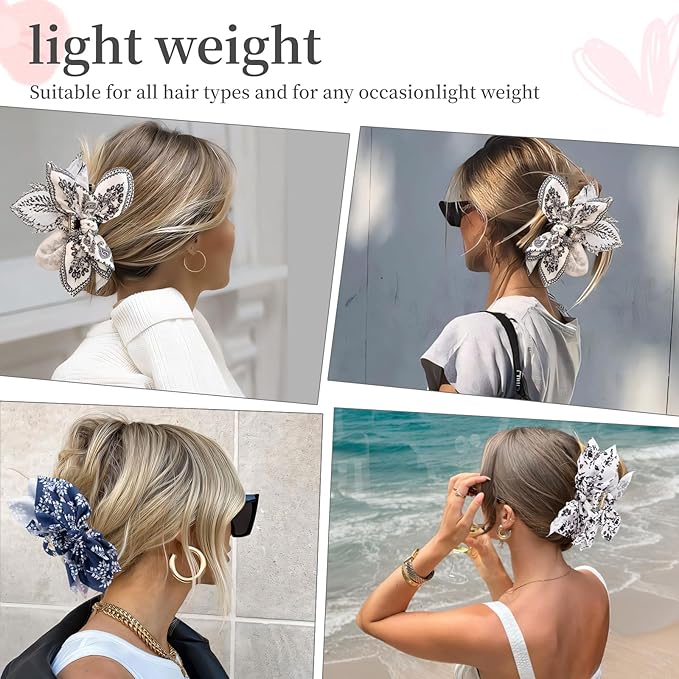 Bow Claw Clips Bow Hair Clips Blue White 3PCS Big Hair Bows for Women Butterfly Styling Large Hair Clips for Thick Hair for Girls Hair Accessories for Teen