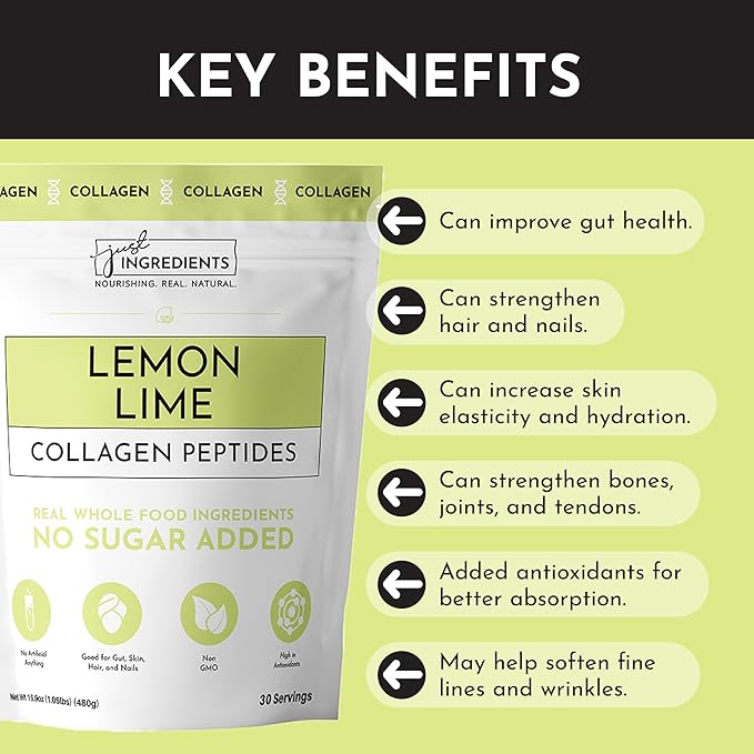 JUST INGREDIENTS Lemon Lime Collagen Peptides – 30 Servings – Supports Joint, Skin, Hair & Nail Health with Grass-Fed Hydrolyzed Collagen Types I & III – Refreshing Lemon Lime Flavor