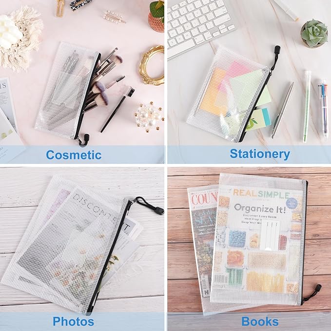 EOOUT 30pcs Mesh Zipper Pouch Bags, Waterproof, Plastic Zip File Document Folders, 8 Sizes Zipper Pouch for School Office Supplies Cosmetics and Board Game Storage