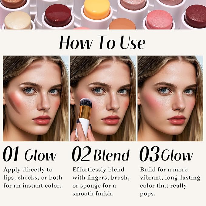 KIMUSE Face Sticks Trio, Cream Blush Stick & Highlighter Stick & Contour Stick for Sculpt the Cheeks, Long Lasting Cream Contour Stick Trio for Face Makeup, with Brush