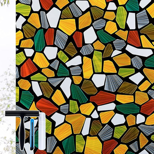 Volcanics Decorative Stained Glass Window Privacy Film with Installation Tools– Static Cling Privacy Sticker for Home & Church, Non-Adhesive, Anti-UV & Heat Blocking, 35.4 x 78.7 Inches