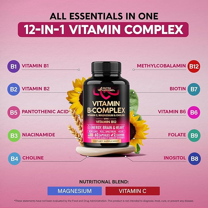 Vitamin B Complex for Men & Women - Riboflavin B2, B12, B1, B3, B5, B6, B7, B8, B9 | Vitamin C, Choline, Inositol - B-Complex Supplement - Energy, Brain & Heart Support - Made in USA, 60 Vegan Caps