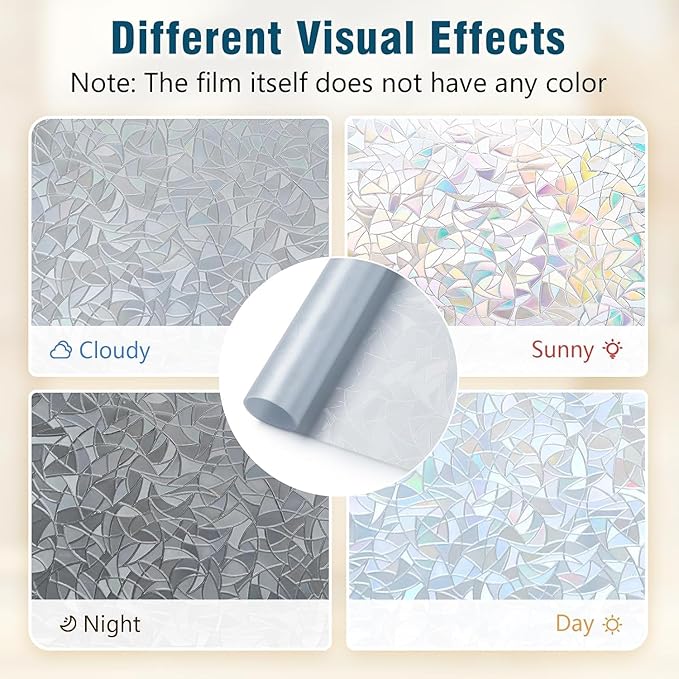 rabbitgoo Window Privacy Film Rainbow Film Decorative Window Sticker, 3D Static Stained Glass Cling Tint for Home Heat Control Non-Adhesive, Grayish Silver, 11.8 x 157.4 inches