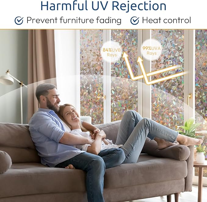 rabbitgoo Window Privacy Film Rainbow Film Decorative Window Sticker, 3D Static Stained Glass Cling Tint for Home Heat Control Non-Adhesive, Brown, 17.5 x 118.1 inches