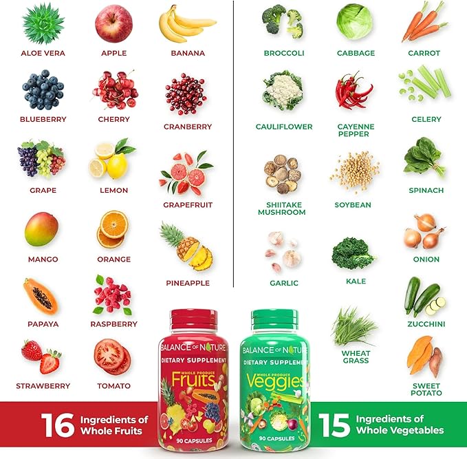 Balance of Nature Fruits and Veggies Supplements - Whole Fruit and Vegetable Ingredients for Women, Men, and Kids - 90 Fruit Capsules, 90 Veggie Capsules - 1 Set