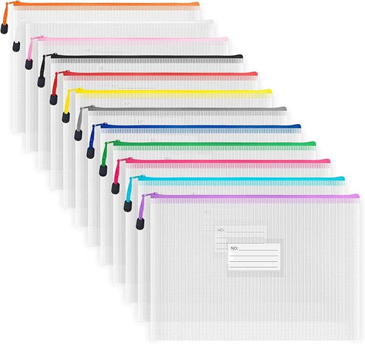 AUSTARK Plastic Mesh Zipper Pouch, 12 Pcs Zipper File Bags with Label Pocket, Game Boards Storage Bags, Waterproof Document Storage Bags for Office Home Travel Cosmetic (A4 Size 13.4 x 9.4 in)