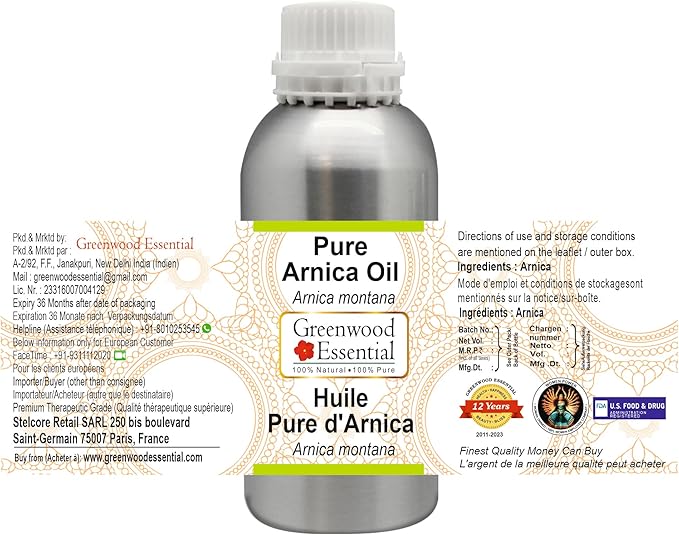 Greenwood Essential Arnica Oil (Arnica montana) | Infused | Pure | Non-Sticky | Lightweight | For Massage Preparations | Natural | Ayurvedic | For Men & Women | All Skin Types | 300ml (10 oz)