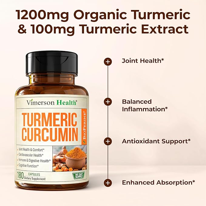 Turmeric Curcumin Supplement with Black Pepper Extract - High Potency Organic Turmeric 1200mg & 95% Curcuminoids for Joint & Digestive Health - Joint Support Supplement - 180 Vegan Curcuma Capsules