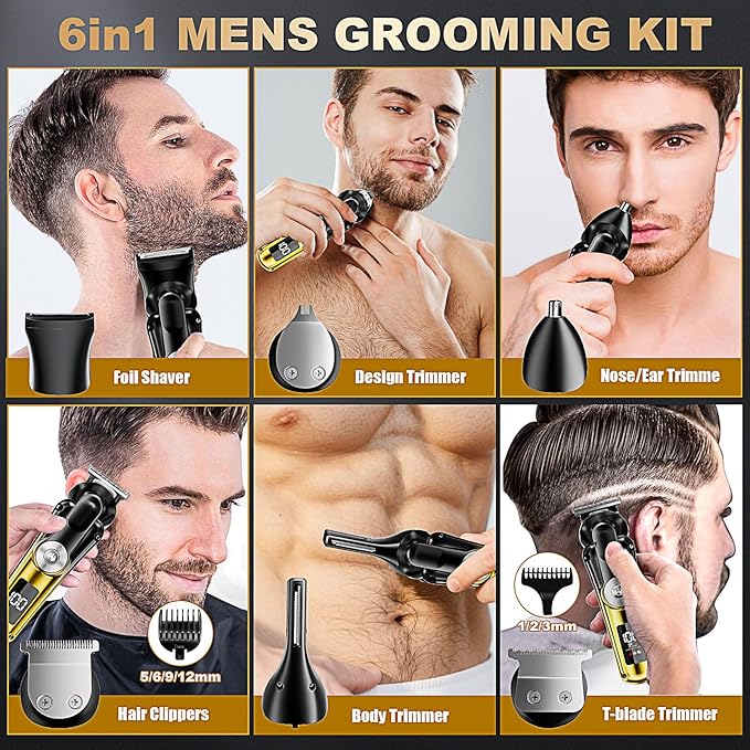 6-in-1 Hair Clipper Beard Trimmer for Men, IPX6 Waterproof Electric Shaver Razor&Cordless Hair Clipper Grooming Kit Hair Trimmer for Nose, Body, Face and Mustache, Gifts for Men