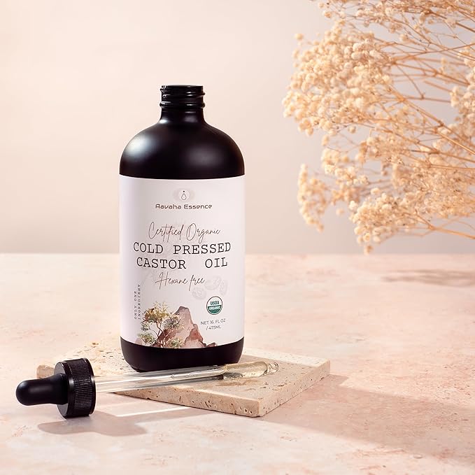 Organic Castor Oil – Cold-Pressed, Hexane-Free, 100% Pure & USDA Certified – Cold Pressed Oil for Hair, Skin, Eyelashes & Brows – 16 oz Glass Bottle with Dropper + Mini Glass Roll-On