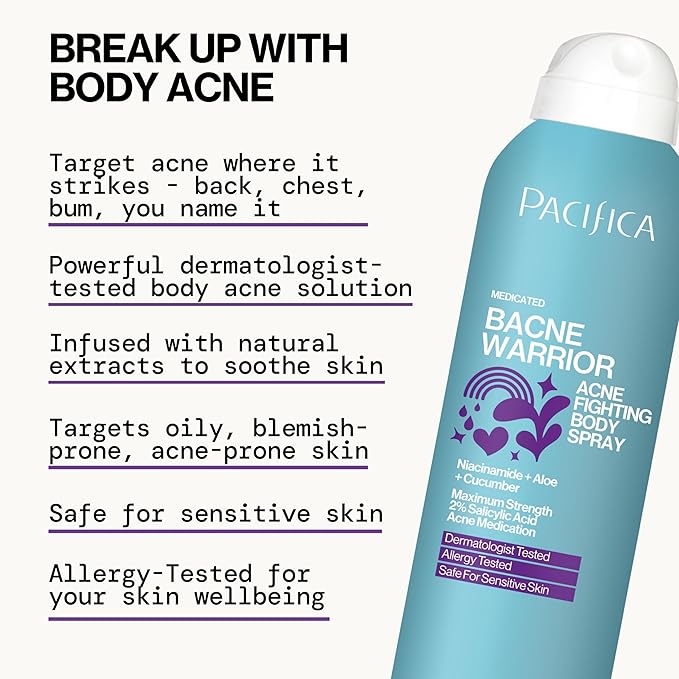Pacifica Bacne Warrior - Bacne Salicylic Acid Spray, Back Acne Treatment Spray with 2% Salicylic Acid, Niacinamide, and Aloe, Body Acne Warrior for Body, Chest, and Back, Dermatologist Tested- 6 Fl Oz