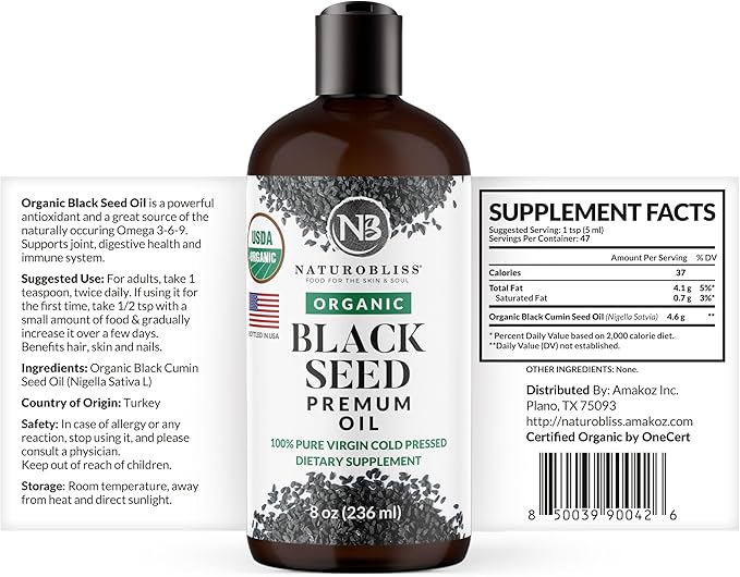 NaturoBliss Organic Black Seed Oil 100 Virgin Cold Pressed Omega 3 6 9 Super Antioxidant for Immune Support, Joints, Mobility, Digestion, Hair Skin Vegan, Gluten-Free, Non-GMO USDA Certified 8oz