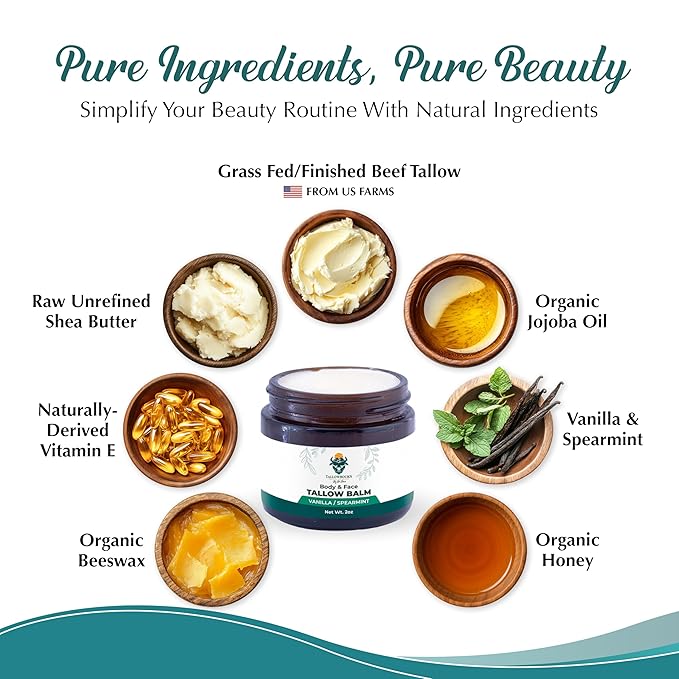 Dr. Dave's Primal Essence Grass Fed Beef Tallow Balm for Face and Body with Shea Butter, Organic Jojoba Oil, Honey, and Beeswax – Beef Tallow for Skin – Vanilla and Spearmint – 2 oz