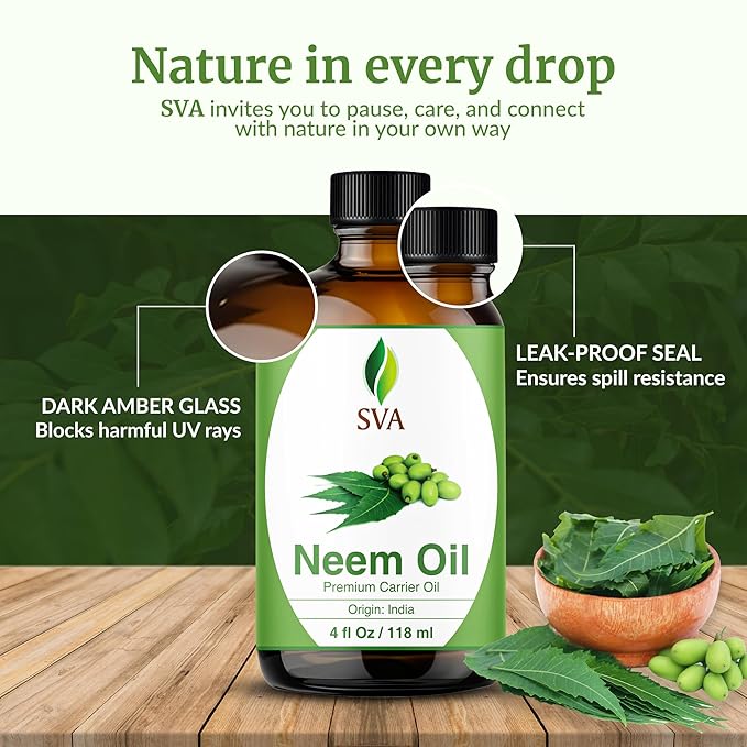 SVA Neem Seed Oil - 4 Fl Oz – 100% Natural Cold Pressed Neem Oil - for Face, Skin Care, Hair Care, Scalp Massage & Body Massage – Carrier Oil with Dropper