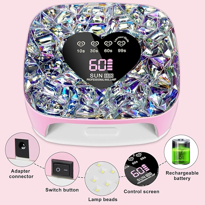 LIMEGIRL UV LED Nail Lamp Kit for Gel Polish Professional Fast Pink Diamond Design Curing Dryer Light Set with 4 Timers and Gloves Cordless Rechargeable Nail Art Cure Machine at Home and Salon