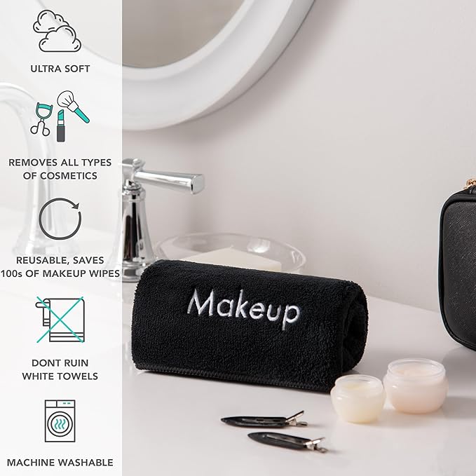 Arkwright Makeup Towels - Bulk Case of 108 - Ultra Soft & Gentle Microfiber Coral Fleece Washcloth Face Make Up Remover, Reusuable Eraser Cloth Essentials for Hosts & Artists, 13 x 13 in, Black