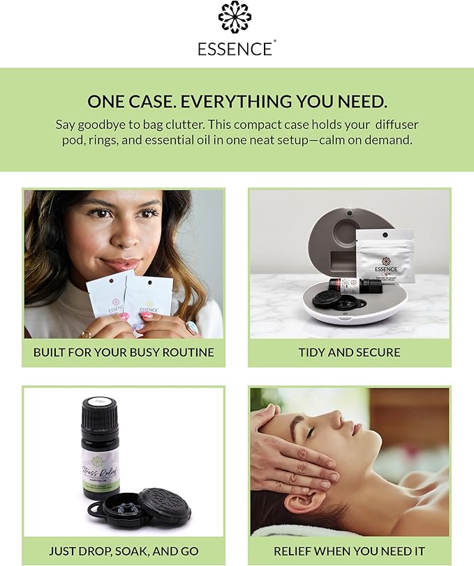 Essence Pearl Travel Case - Wearable Aromatherapy Kit with Nasal Diffuser Rings, Soaking Bay, and 5mL Essential Oil – Portable Wellness Gift Set for On‑The‑Go Self Care