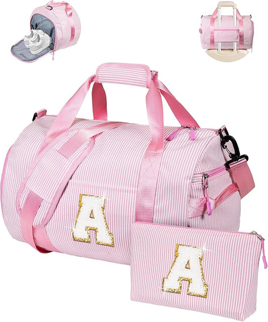 Gift for 6 7 8 9 10 Years Old Girl, Girls Travel Duffle Bag, Kids Initial Overnight Bags with Shoe Compartment, Personalized Weekender Bag with Makeup Pouch, Birthday Gifts (Letter A)