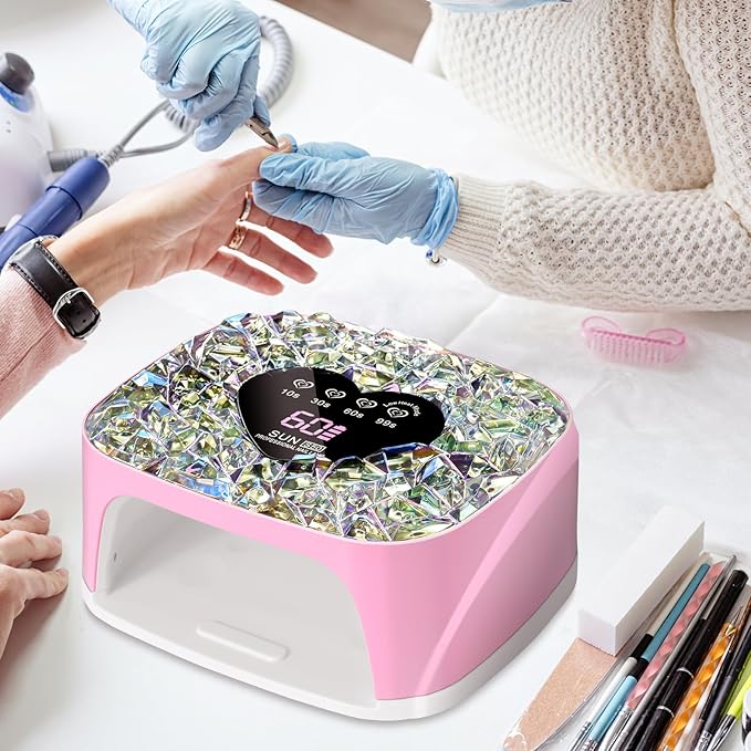 LIMEGIRL UV LED Nail Lamp Kit for Gel Polish Professional Fast Pink Diamond Design Curing Dryer Light Set with 4 Timers and Gloves Cordless Rechargeable Nail Art Cure Machine at Home and Salon