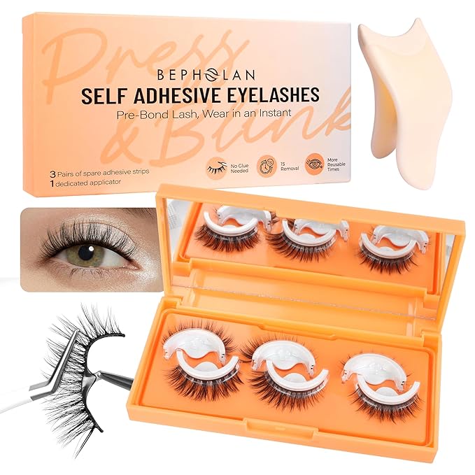 Bepholan Self Adhesive Eyelashes Natural Look No Glue Need Eyelashes,Press On Lashes,Reuseable Waterproof Fake Eyelashes Wispy with Tweezer 3 Pairs Eyelashes of 6 Pairs Adhesive Strips