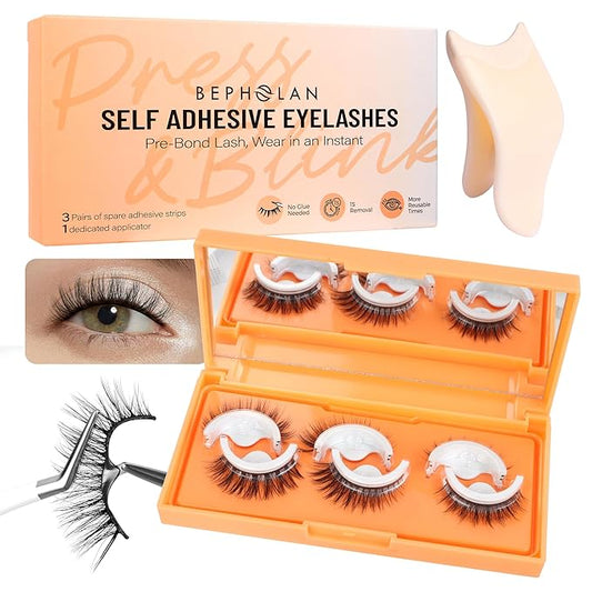 Bepholan Self Adhesive Eyelashes Natural Look No Glue Need Eyelashes,Press On Lashes,Reuseable Waterproof Fake Eyelashes Wispy with Tweezer 3 Pairs Eyelashes of 6 Pairs Adhesive Strips