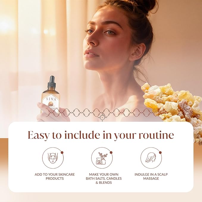 Siva Frankincense Essential Oil - 4 Fl Oz – 100% Natural Boswellia Serrata Oil - for Diffuser, Face, Skin Care, Aromatherapy, Hair Care, Scalp and Body Massage - with Dropper