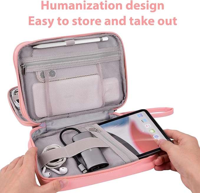 DDgro Electornics Travel Organizer Case for Cable/Cords/Charger/Tech Accessories, Large Pouch Bag for Woman (Pink, PU-Large)