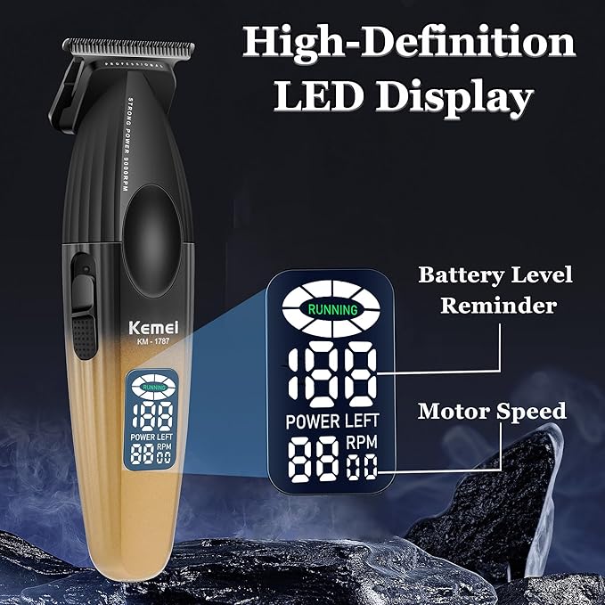 KEMEI 1787 Beard Trimmer for Men, Cordless Hair Trimmer with LED Display, 9000 RPM Hair Clippers for Barber with 2000 mAh Battery, DLC Coated T-Blade