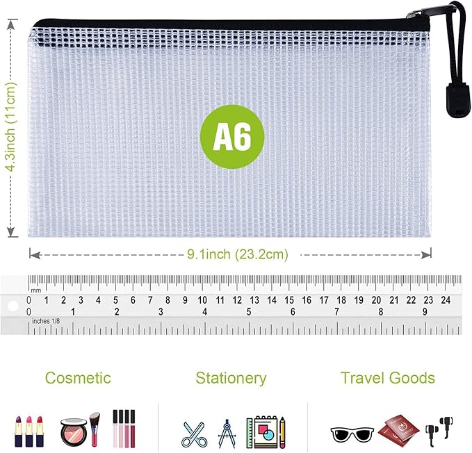 12 Pcs Plastic Mesh Pencil Pouch, Waterproof Tear-Resistant Document File Folders, Zipper Documents Pouch Document Organizer Bags for School Office Business Home Travel Storage(9.25×4.25Inch)