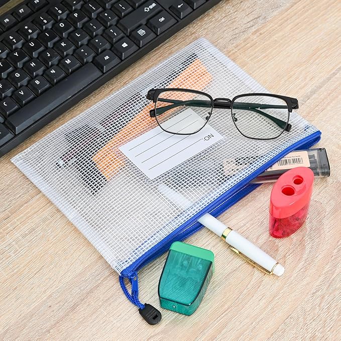 AUSTARK Plastic Mesh Zipper Pouch, 12Pcs Zipper File Bags with Label Pocket, A5 Size 9.2x6.7in, White