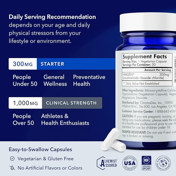 TRU NIAGEN Patented NAD+ Supplement for Anti Aging and Cell Regeneration, 300 mg Niagen, 30 Servings | Supports Cellular Energy, Brain, Muscle | Nicotinamide Riboside (NR) Take 1 Daily | 1 Bottle