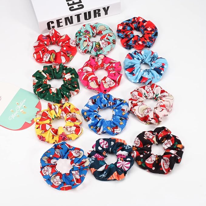 12 PCS Christmas Hair Scrunchies Snowflake Santa Christmas Tree Antlers Elk Snowman Hair Ties Soft Elastic Hair Bands for Women Girls Gifts Ponytail Holders Hair Accessories