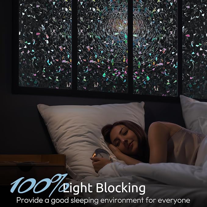 rabbitgoo Window Privacy Film Rainbow Film Decorative Window Sticker, 3D Static Stained Glass Cling Tint for Room Darkening Day Sleep, Black, 17.5 x 78.7 inches