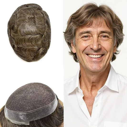 FACE MIRACLE Hair System for Men French Lace Mens Toupee Human Hair Replacement System Lace with PU Toupee for Men Male Hair Piece Wigs 6"X8" #520 5# MEDIUM LIGHT BROWN WITH 20% SYNTHETIC GREY