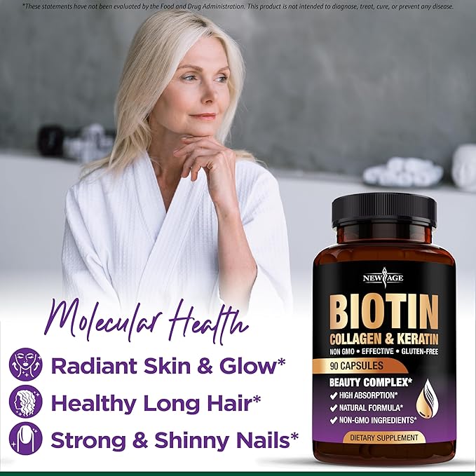 NEW AGE Biotin Collagen Keratin Hyaluronic Acid - 50,000mcg Hair Growth Vitamins for Men and Women, Nails, Hair, Skin Vitamins and DHT Blocker with Vitamin E Folic Acid Pumpkin Seed MSM- 180 Count