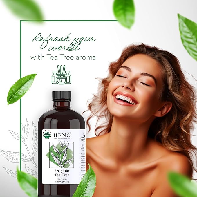 HBNO Organic Tea Tree Oil - Huge 16 oz (475ml) Large Size - Ideal for Diffusers, Cleaning Agents, Deodorizers, and Flavoring Agents.