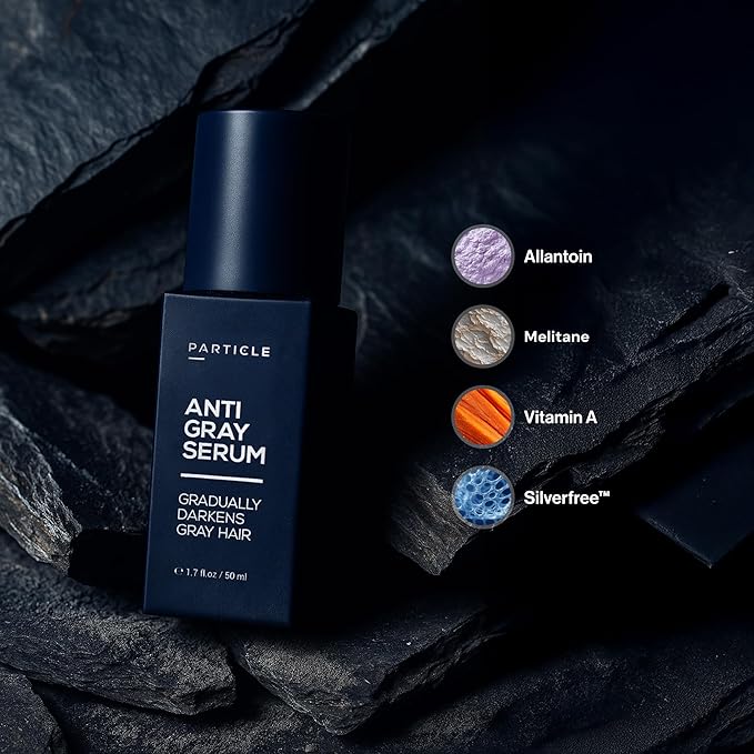 Particle Anti-Gray Serum for Men – Gradually Reduces Gray Hair on Head & Beard Without Dye – Natural Gray Reduction with Silverfree™, Vitamin A, Melitane & Allantoin – Peroxide & Ammonia Free