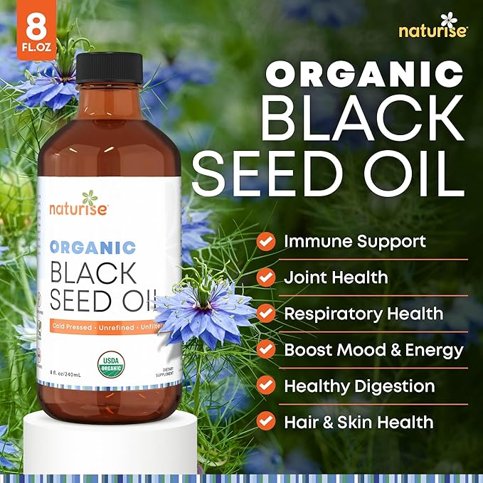 Organic Black Seed Oil (Nigella Sativa, Cumin Seed) Cold Pressed Non-GMO, 8 oz Glass Bottle Source of Essential Fatty Acids, Omega 3 6 9'