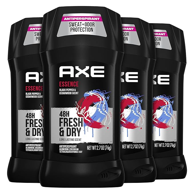 AXE Antiperspirant Deodorant for Men Essence 4 Count 48H Sweat & Odor Protection for Long Lasting Freshness, Black Pepper & Cedarwood 48 Hour Anti Sweat Mens Deodorant 2.7 oz