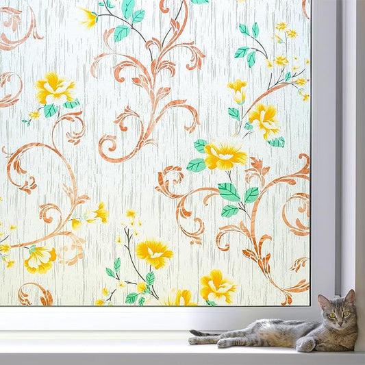 Volcanics Stained Glass Window Film, Frosted Glass Window Privacy Film, Decorative Window Clings, Floral Design Static Cling Sun Blocking Tint for Bathroom, 17.5 x 78.7 Inch