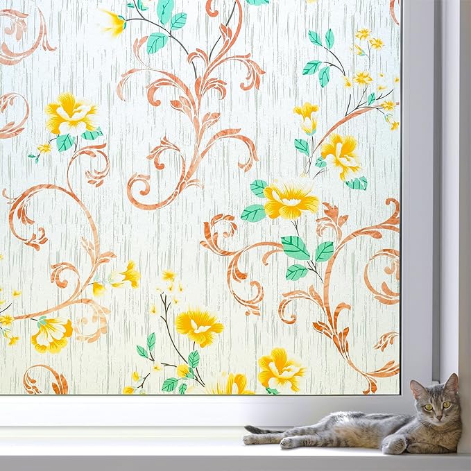 Volcanics Stained Glass Window Film, Frosted Glass Window Privacy Film, Decorative Window Clings for Glass Windows, Floral Design Static Cling Sun Blocking Windows Tint for Bathroom, 35.4 x 78.7 Inch