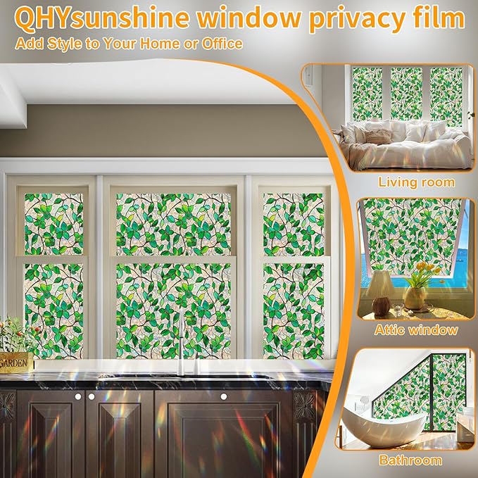 Window Privacy Film Stained Glass Window Film Rainbow Window Film Window clings Non-Adhesive Reusable Decorative for Room(Green Rainbow, 45.2 X 78.7 in)